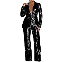 Womens 2 Piece Casual Outfits Summer Button Down Blazer Jackets and High Waist Wide Leg Pants Suit Sets