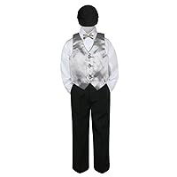 5pc Formal Baby Toddler Boys Silver Vest Set Black Pants Suit Hat S-4T (3T)