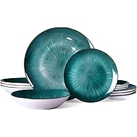 12 Piece Round Kitchen Dinnerware Set,Plates and Bowls sets,Dishes, Plates, Bowls, Dish Set，Plates and Bowls,Service for 4, Chip Resistant Porcelain，Starburst Turquoise green