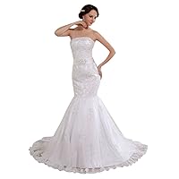 Ivory Strapless Mermaid Lace Applique Wedding Dress With Beaded Belt