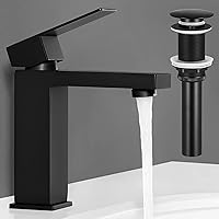 KES Black Bathroom Faucet & Bathroom Sink Drain Without Overflow, cUPC Certified Vanity One Hole Faucet with Pop Up Drain Stopper Rustproof Matte Black, L3156ALF-BK-C4