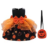 Kid Girls Dress with Pumpkin Shoulder Bag Halloween Pumpkin Print Bow Knot Mesh Puffy Christmas Dresses