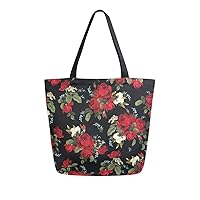 ALAZA Red Rose Flower Floral Large Canvas Tote Bag Shopping Shoulder Handbag with Small Zippered Pocket