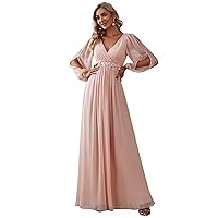 Ever-Pretty Women's V Neck Long Sleeves Floor Length Ruched Chiffon Formal Dress 00461