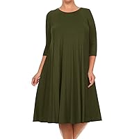 Women's Plus Size Casual 3/4 Sleeves Basic A-Line Pleated Solid Midi Dress