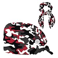 Scrub Caps Women with Bow Hair Rings Set, Adjustable Bouffant Hats for Nurse, Military Camouflage Unisex Tie Back Hats
