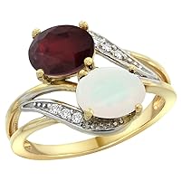 Silver City Jewelry 10K Yellow Gold Diamond Enhanced Ruby & Opal 2-Stone Ring Oval 8x6mm, Size 7