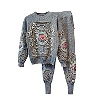 Autumn Winter Women Fashion Tracksuit 2 Piece Set,Beaded Embroidery Long Sleeve Sweater Casual Long Pants Knitted Set