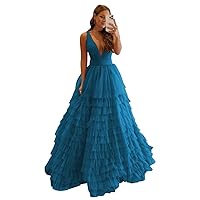 Women's Tiered Tulle Prom Dresses Long V Neck Empire Formal Gowns A Line Puffy Evening Party Dress