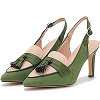 LEHOOR Women Kitten Heels Slingback Pumps Pointed Toe Suede Tassel Loafers 3” Stiletto High Heel Dress Shoes Ankle Strap Two-Tone Closed Pointy Toe Sandals Backless Buckle Patchwork Chic 4-11 M US
