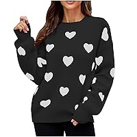 Womens Heart Pattern Crewneck Sweater Long Sleeve Casual Loose Comfy Knitted Pullover Fashion Tunic Jumper Tops