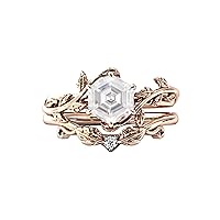 10K 14K 18K Gold/Silver Hexagon Cut Art Deco Vine Leaf Ring Set for Women Vintage Inspired Branch Ring Set Twig Leaf Design Promise Anniversary Ring Jewelry Gift for Her