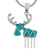 Moose in Turquoise & Gemstones Pendant Necklace in 925 Sterling Silver (18