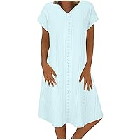 Womens Eyelet Tunic Dresses Summer Short Sleeve V Neck T-Shirt Dress Casual Loose Fit Solid Knee Length Beach Dress