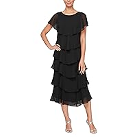 S.L. Fashions Women's Georgette Scoop Neck Tiered Midi Length Wedding Guest Dress with Beaded Shoulder Detail