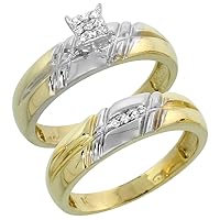 Genuine 10k Yellow Gold Diamond Trio Wedding Sets for Him and Her 5 Grooves 3-piece 6mm & 5.5mm wide 0.12 cttw Brilliant Cut sizes 5-14