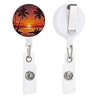 Badge Reel Retractable Badge Holder with Swivel Alligator Clip Cute ID Badge Clip Sunset and Coconut Trees ID Card Holders Funny Badge Holder Reels for Nurse Office Workers