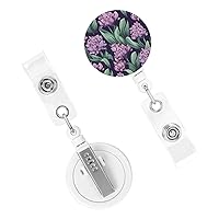 Retractable Badge Holder Cute Nursing Badge Reel Heavy Duty Badge Clip with Keychain Hyacinth Purple Flowers ID Card Holders Clip-on Name Badge Tag for Office Worker Doctor Nurse Teacher