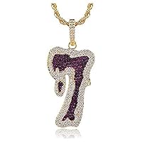 Iced Out Number 7 Pendent Hip Hop Copper Base 18K Gold Plated Fully AAA+ Cubic Zirconia Simulated Diamond Necklace for Men Women Gift Jewelry with Stainless Steel Rope Chain