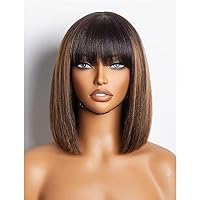Ombre 1B/30 Color Wigs with Bangs Highlight Short Bob Straight Human Hair HD Transparent 13x4 Lace Front Wig Pre Plucked 150% Density Brazilian Hair Glueless Wigs Bleached Knots 16inch