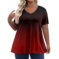 Womens Summer Tops Plus Size Plus Size Women's Tops Womens Blouses Women's Fashion Casual Short Sleeve Print V-Neck Pullover Tops Blouses 14-Wine 5X-Large