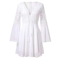 YiZYiF White Women Floral Lace Party Mini Dress Girl's V Neck Lace-Up Long Sleeve Crochet Chiffon Boho Dress