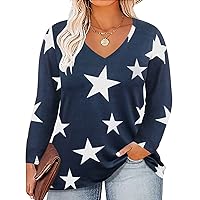 RITERA Women Plus Size Shirts Star Long Sleeve Blue Star Tops V Neck Casual Fall Blouses Casual Loose Fit Pullover Winter Sweatshirts Oversized Ladies Henley Shirts 2X 2XL 18W 20W