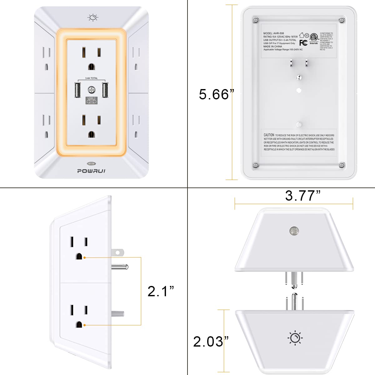 Surge Protector USB Outlet Extender - POWRUI Multi Plug with 6 Outlet Splitter and 3 USB Charging Ports and Night Light,3-Sided Power Strip with Adapter Spaced Outlets - White,ETL
