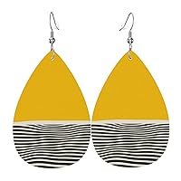Mustard Yellow And Black Faux Leather Earrings Lightweight Teardrop Dangle Earrings For Women Girls