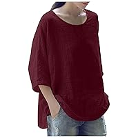 3/4 Sleeve Tops for Women Summer Linen Tee Shirt Three Quarter Sleeve Tops Plain Blouses Loose Beach Casual Tee