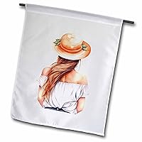 3dRose Pretty Brunette Summer Girl in an Orange Hat Illustration - Flags (fl-382240)