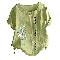 Women's Cotton Linen Summer Tops Plus Size Short Sleeve T-Shirt Casual Floral Print Tunic Blouses Loose Button Shirts