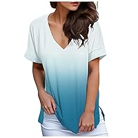 Women V Neck Gradient Colour Short Sleeve T Shirts Plus Size Loose Fit Tunic Tops Fashion Vacation Trendy Blouse