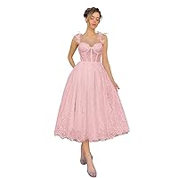 Maxianever Lace Tulle Prom Dresses Tea Length V Neck Corset Formal Flower Wedding Guest Gowns Women’s Petite Backless Pink US0