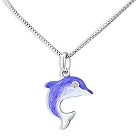 Rhodium Plated Sterlin Silver Hand Painted Enamel Womans Dolphin Charm Necklace 18in