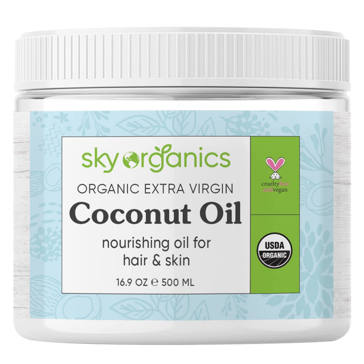 Sky Organics Organic Extra Virgin Coconut Oil for Hair & Skin, 100% Pure & Cold-Pressed USDA Certified Organic to Moisturize, Soften & Nourish, 16.9 fl. Oz