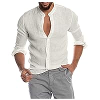 Dudubaby Men's Linen Long-Sleeved Casual Shirt Collarless Standing Collar Summer Top
