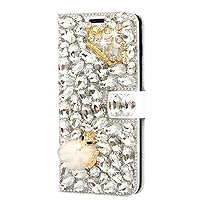 Crystal Wallet Phone Case Compatible with iPhone 13 - Crown Fox - White - 3D Handmade Sparkly Glitter Bling Leather Cover with Screen Protector & Neck Strip Lanyard