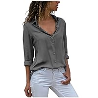 Women Trendy High-Low Curved Hem Shirts Plus Size Button Down Chiffon Blouses Summer Comfy Casual Long Sleeve Tops