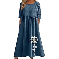Sundresses for Women, 2024 Summer Casual T Shirt Dresses, Cotton Linen Swing Flowy Beach Dress with Pockets Plus Size