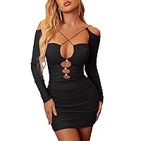 Colysmo Women’s Sexy Hollow Out Bodycon Dress Ruched Mesh Mini Dresses for Club Night Out