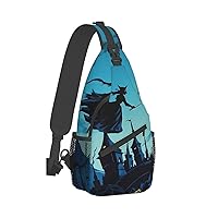 Sling Bag for Women Men Crossbody Bag Small Sling Backpack Witch Flies over the Castle Chest Bag Hiking Daypack