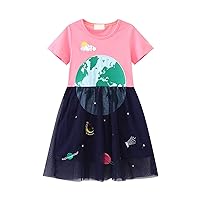 Girls Cartoon Dress Applique Party Dressesspace Planet Pattern Casual Cotton Short Father Daughter Dresses for