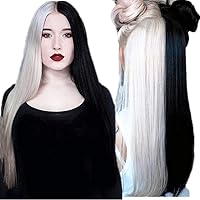 Half Black Half White Synthetic Hair Lace Front Wigs 24 Inch Long Straight Hair Wig For Black Women With Baby Hair Bleached Knots 150 Density Cosplay