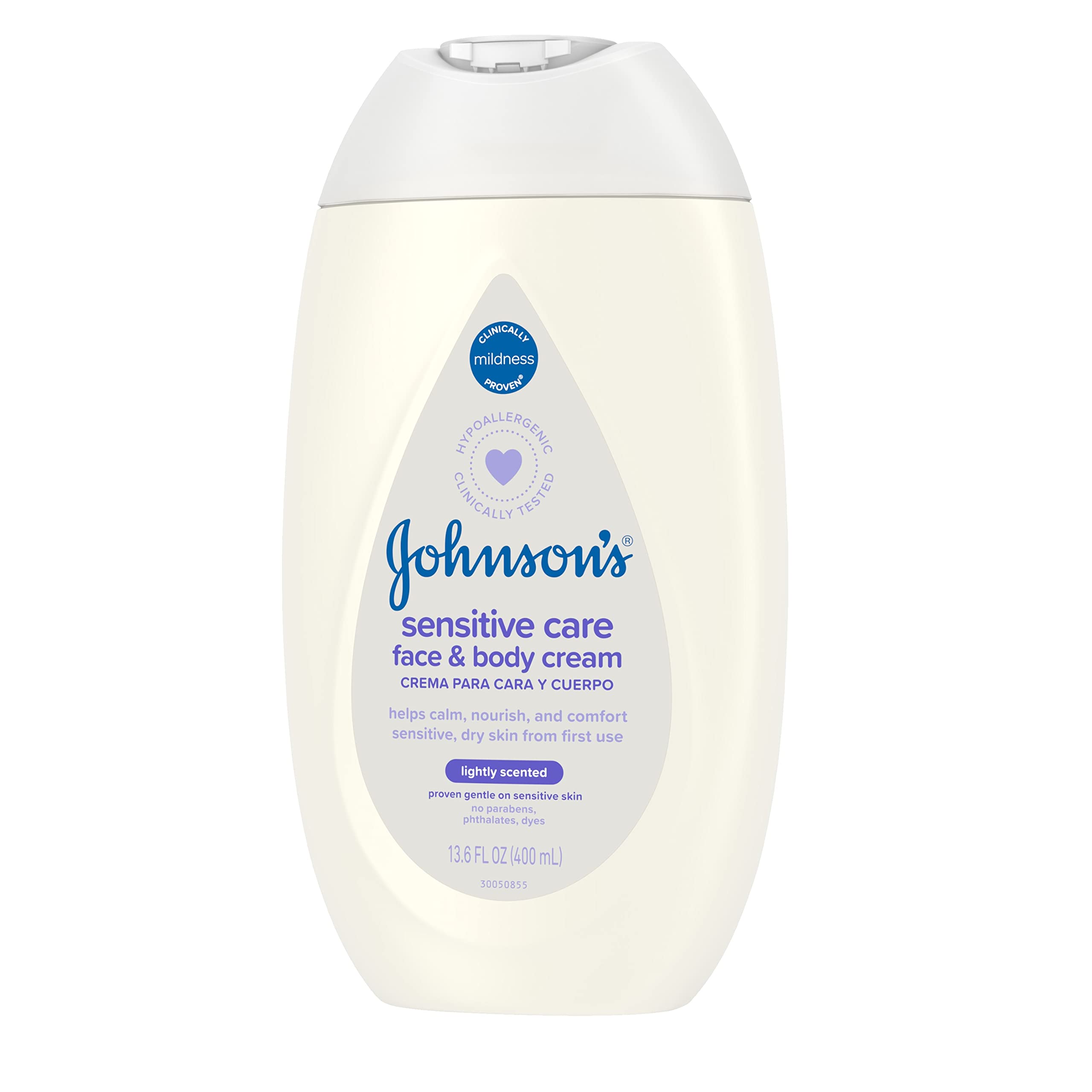 Johnson's Sensitive Care Face & Body Cream for Babies, Daily Moisturizing Baby Cream to Calm, Nourish & Comfort Dry, Sensitive Skin, Lightly Scented, No Greasy Feel, Hypoallergenic, 13.6 fl. oz