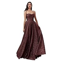 Spaghetti Strap Sequin Prom Dresses for Women 2024 Sparkly Long A-Line Corset Evening Ball Gown with Slit
