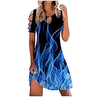 Dresses for Women Casual 3D Flame Printed Tshirt Dress Cut Out Short Sleeve Dress Sexy Cold Shoulder Beach Sundresses