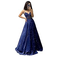 Glitter Satin Prom Dresses for Women Long Lace Applique Spaghetti Straps Formal Evening Party Gowns