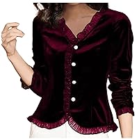 Frill Trim Vintage Velvet Shirts Women Slim V Neck Long Sleeve Button Pullover 2024 Spring Casual Fitted Dressy Tops