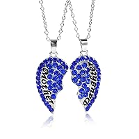 Necklace Long Link Cable Chain Broken Heart Message Mother and Daughter Pendants Royal Blue Rhinestone